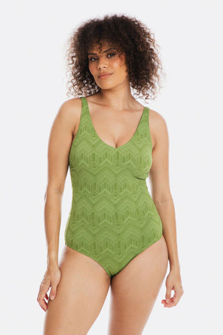 Chiseled Green V Neck Plunge One Piece Swimsuit